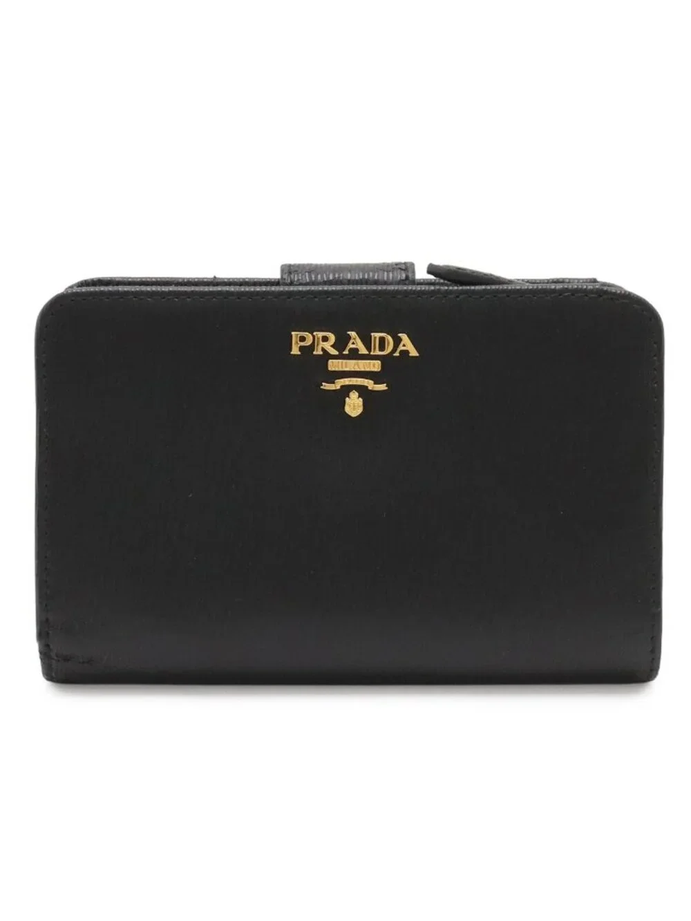 Prada Vitello Move Bifold Wallet L-shaped Zipper Leather Nero Black Gold